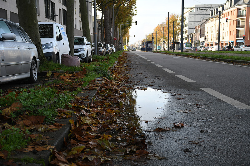 Piste cyclable avenue de Caen à la hauteur du N°23 impraticable à cause de flaques d'eau et de feuilles mortes depuis une semaine