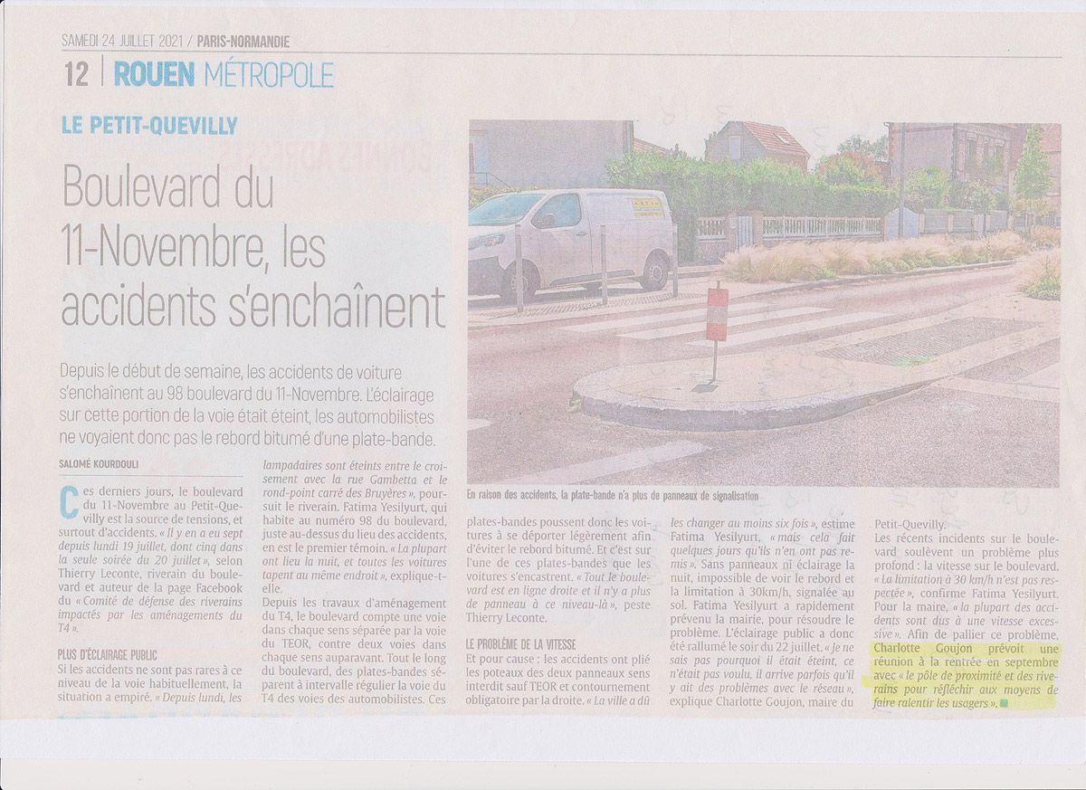 Article de Paris Normandie du 24 juillet 2021 détaillant la liste des accidents de voiture